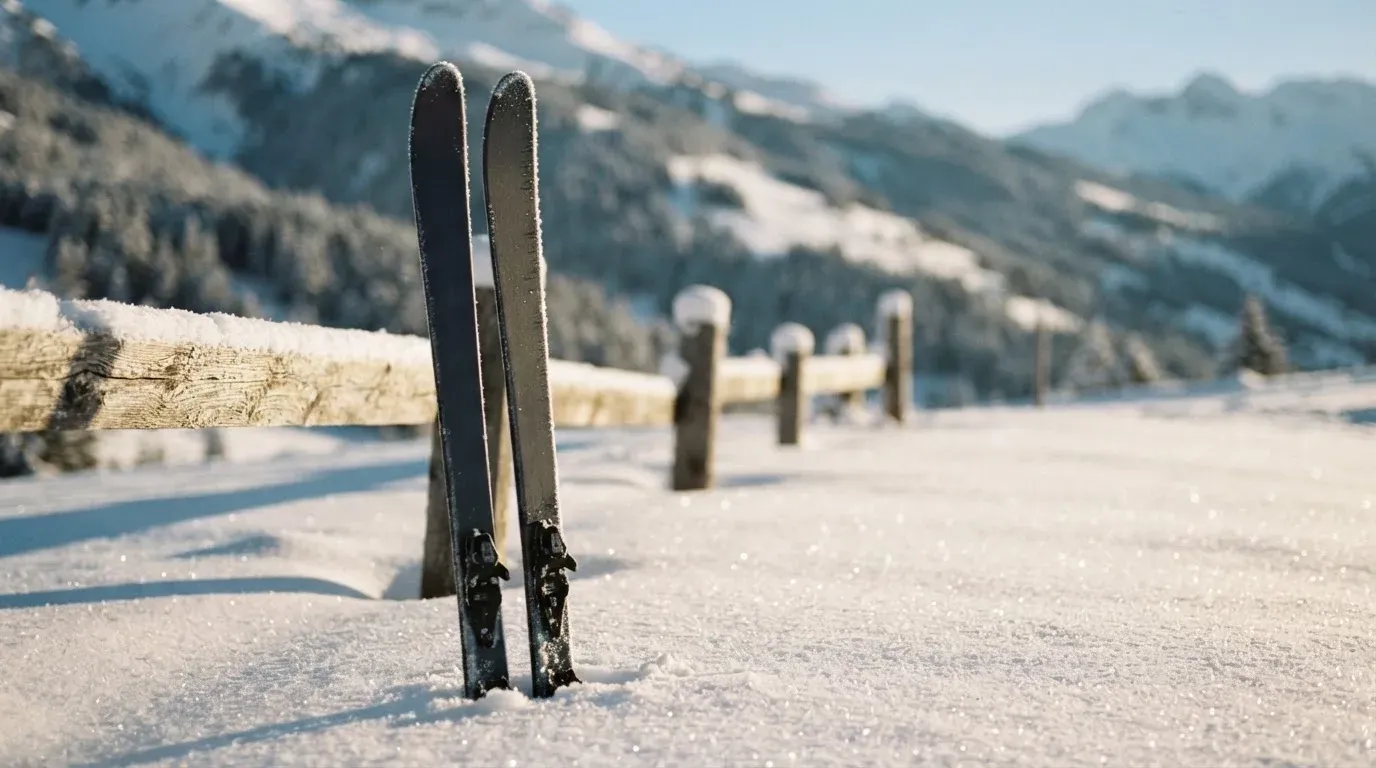 Ein Paar Langlaufskier steckt aufrecht im Schnee neben einem Holzzaun, die Sonne glitzert auf Eiskristallen.