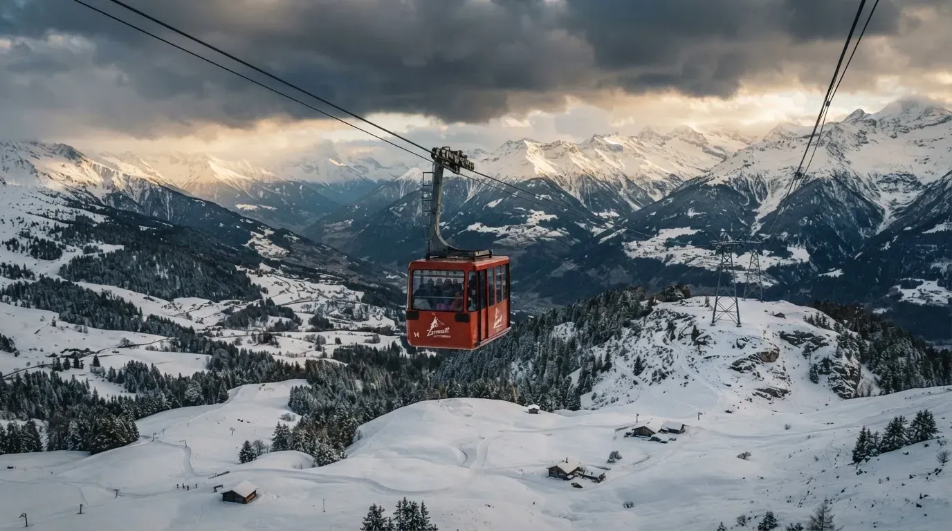 Eine Seilbahnkabine schwebt über einem verschneiten Tal, die Sonne bricht durch die Wolken und beleuchtet die Hänge.