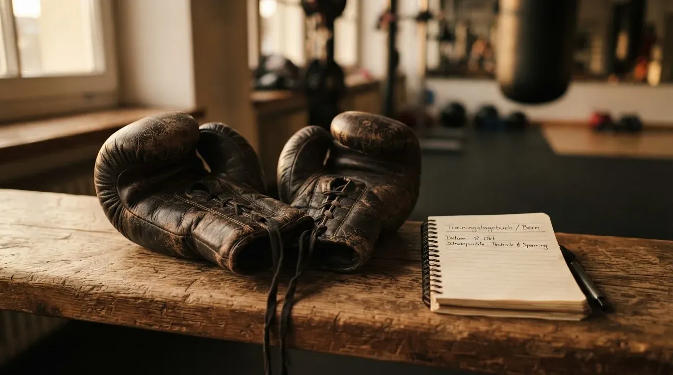 Ein Paar Boxhandschuhe aus Leder liegt auf einer Holzbank neben einem Notizbuch mit handgeschriebenen Zeilen, warmes Fensterlicht