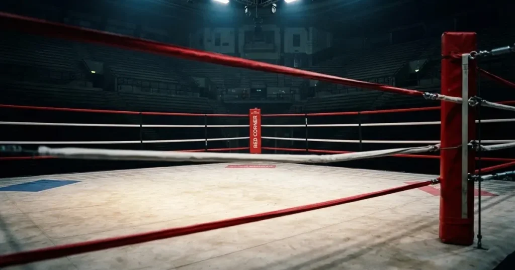 Ein leerer Boxring mit gespannten Seilen unter hellem Hallenlicht, dahinter ansteigende Zuschauerränge in einer grossen dunklen Halle