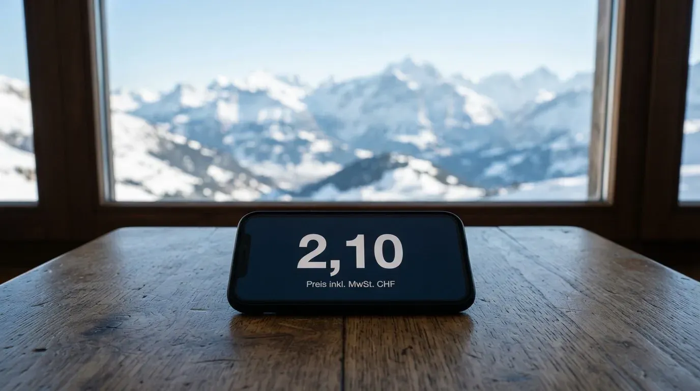 Ein Smartphone mit dunklem Bildschirm liegt auf einem Holztisch vor einem Fenster mit Blick auf schneebedeckte Gipfel