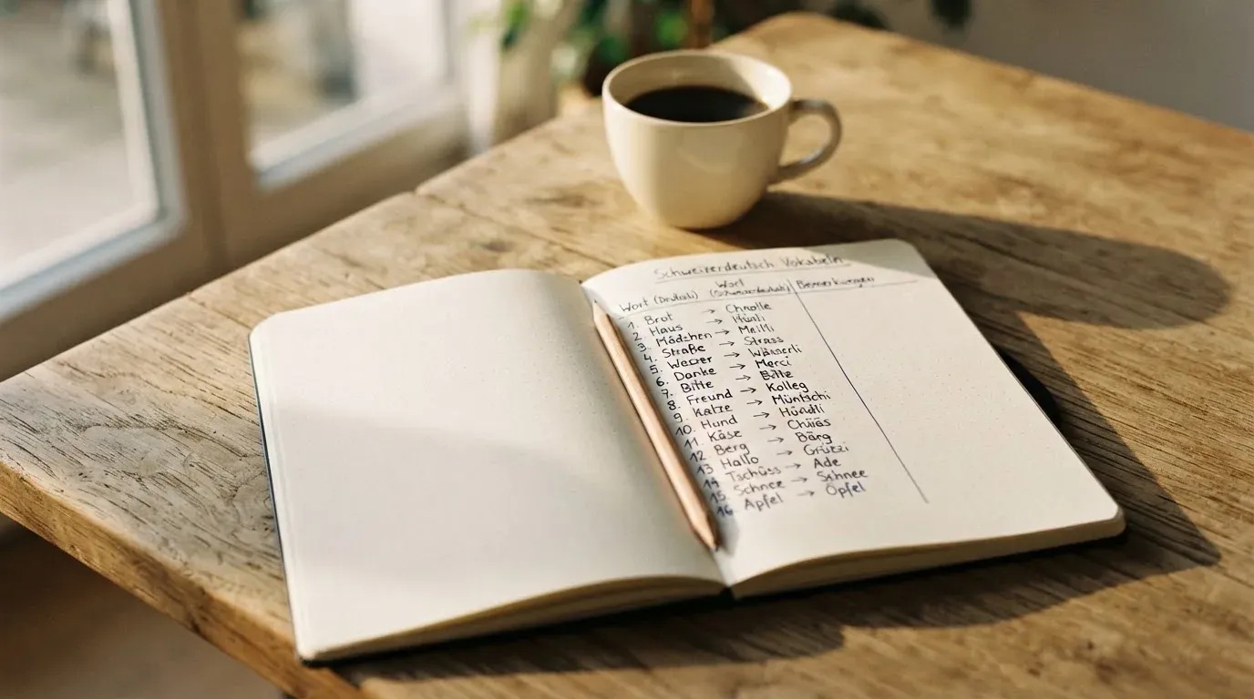 Ein aufgeschlagenes Notizbuch mit handgeschriebenen Spalten und ein Bleistift neben einer Tasse Kaffee auf einem Holztisch am Morgen