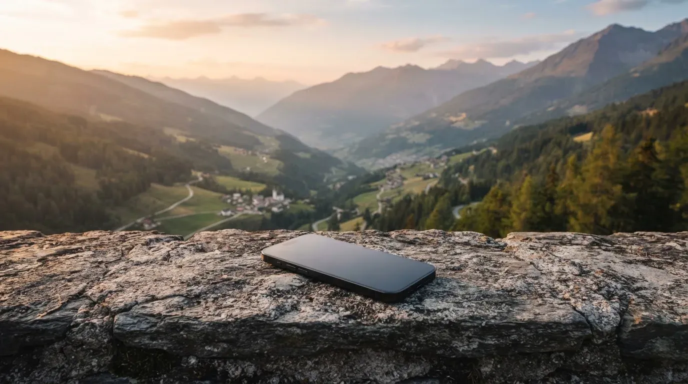 Ein Smartphone mit dunklem Display liegt auf einer Steinmauer, dahinter ein Alpental im Abendlicht
