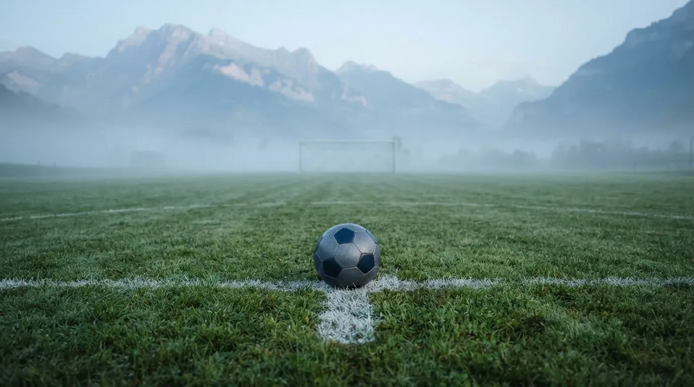 Ein einzelner Fussball auf dem Mittelpunkt eines leeren Rasens im Morgennebel, hinter dem Tor ragen Berge auf