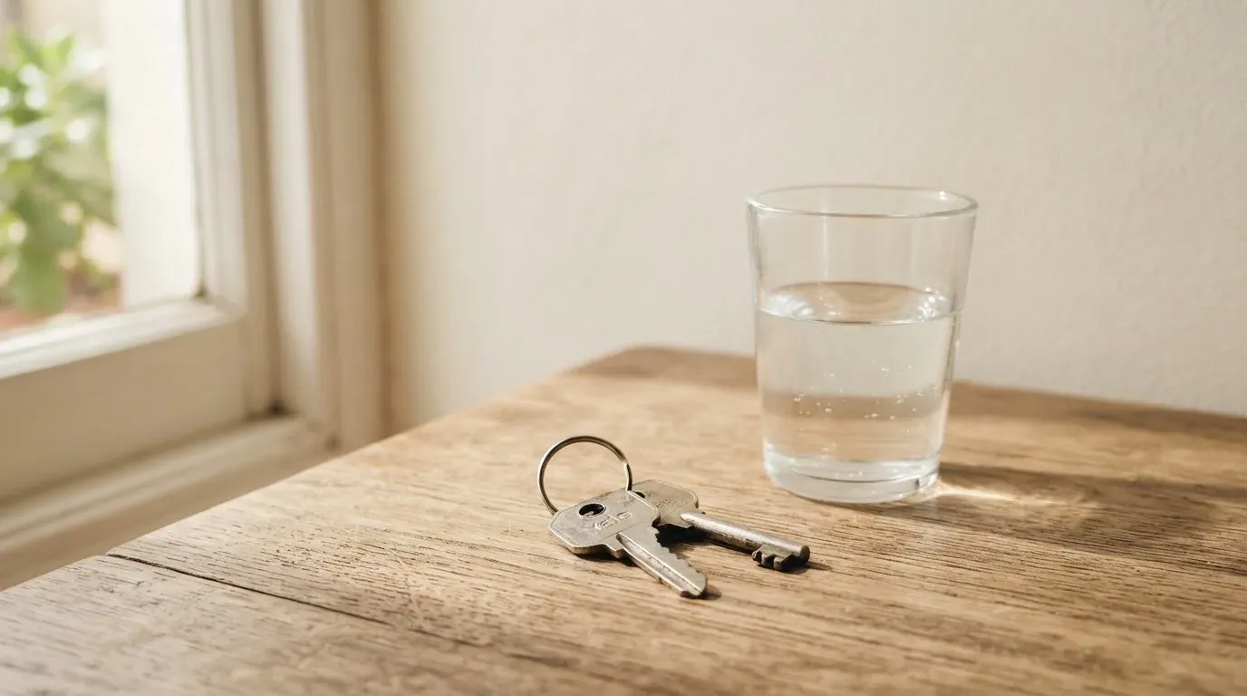 Ein Schlüsselbund und ein Glas Wasser stehen auf einem Holztisch im Licht eines Fensters