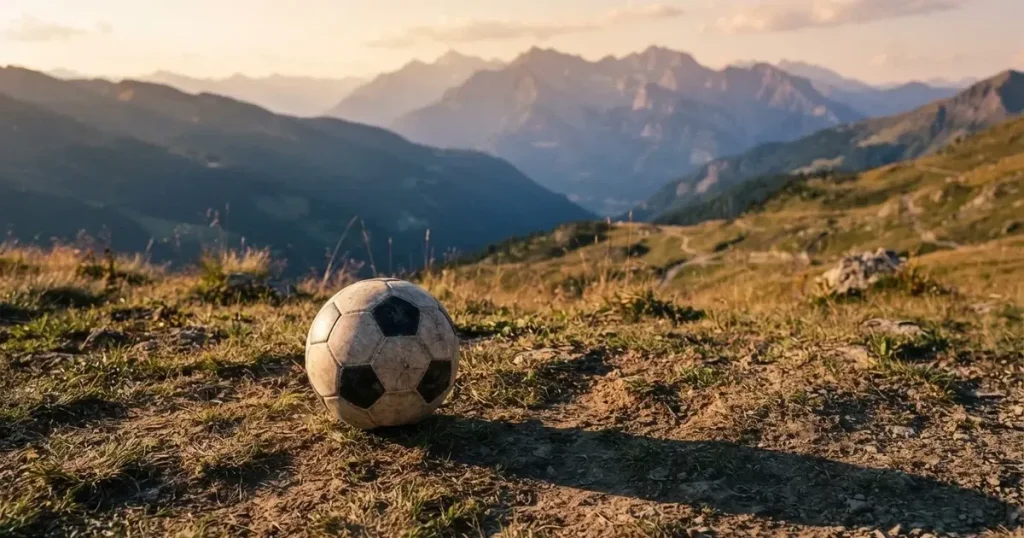 Ein Fussball auf einem staubigen Rasenstück in der Abendsonne, im Hintergrund eine hohe Bergkette