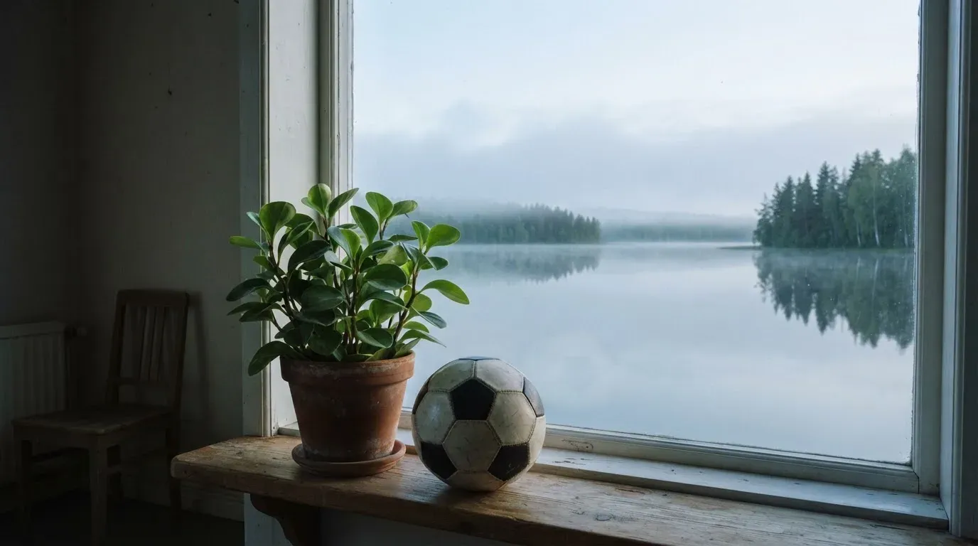 Eine Topfpflanze auf einem Fensterbrett mit weitem Blick über einen stillen See am Morgen