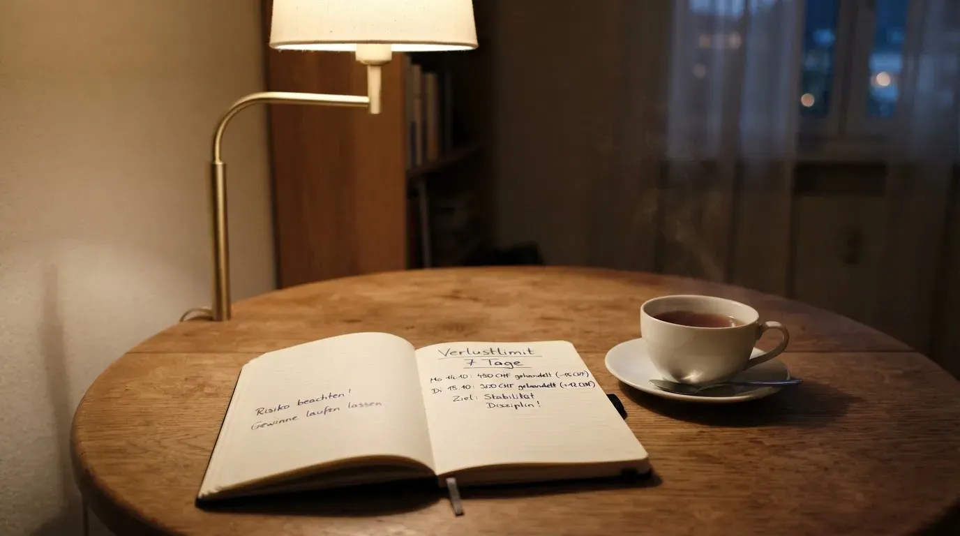 Ein Notizbuch mit handschriftlichen Einträgen und eine Tasse Tee stehen auf einem Tisch neben einer Stehlampe