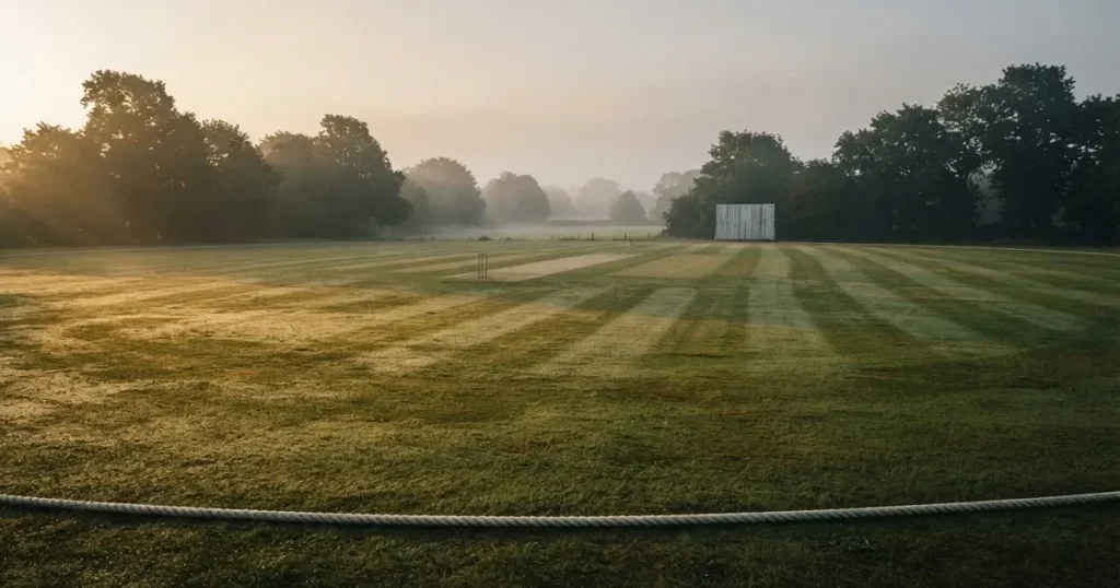 Ein ovales Cricketfeld mit gemähtem Rasen und hellem Mittelstreifen am frühen Morgen, Nebel zwischen den Bäumen am Rand