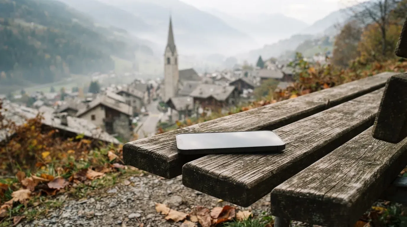 Ein Smartphone mit dunklem Display liegt auf einer Parkbank, dahinter ein Schweizer Dorf mit Kirchturm im Dunst