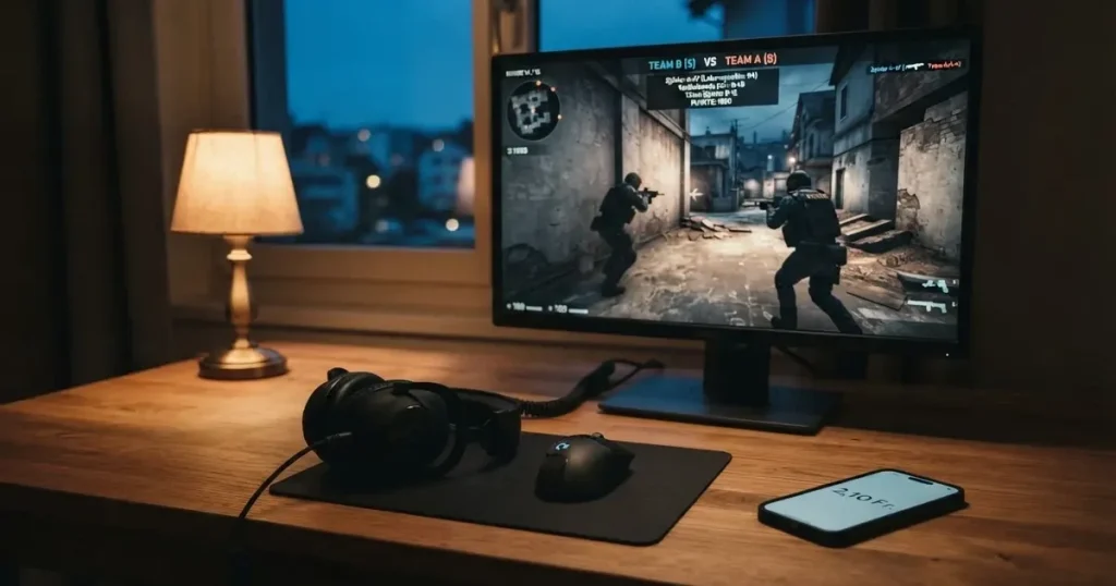 Ein Headset und eine Computermaus liegen auf einem Holzschreibtisch neben einer Tischlampe, draussen ist es Abend