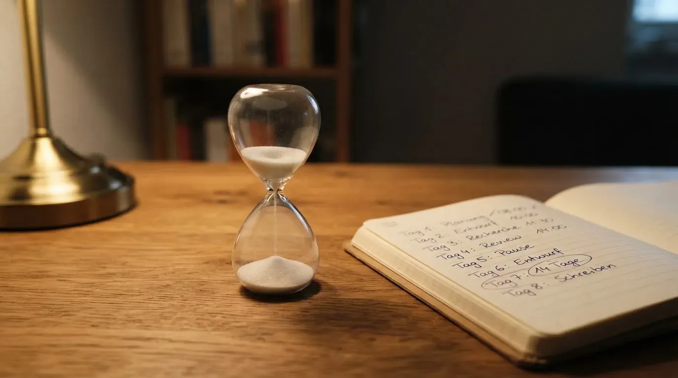 Eine Sanduhr steht auf einem Schreibtisch neben einem Notizbuch mit handschriftlichen Einträgen im Licht einer Lampe