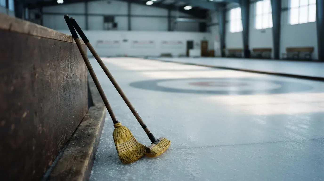 Zwei Curlingbesen lehnen an einer Bande am Rand einer leeren Eisfläche, kaltes Licht fällt durch hohe Fenster