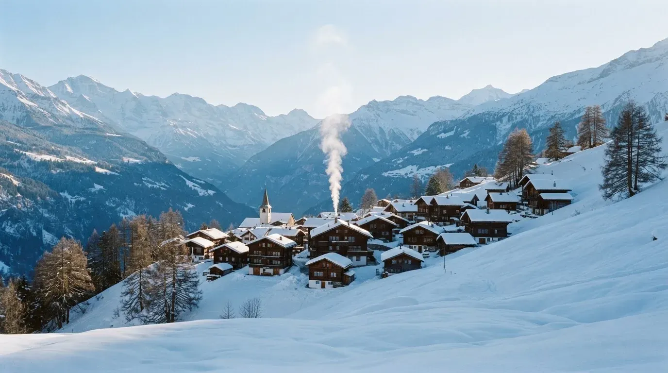 Ein Bergdorf im Schnee am Morgen aus der Ferne gesehen, aus einem Kamin steigt Rauch auf