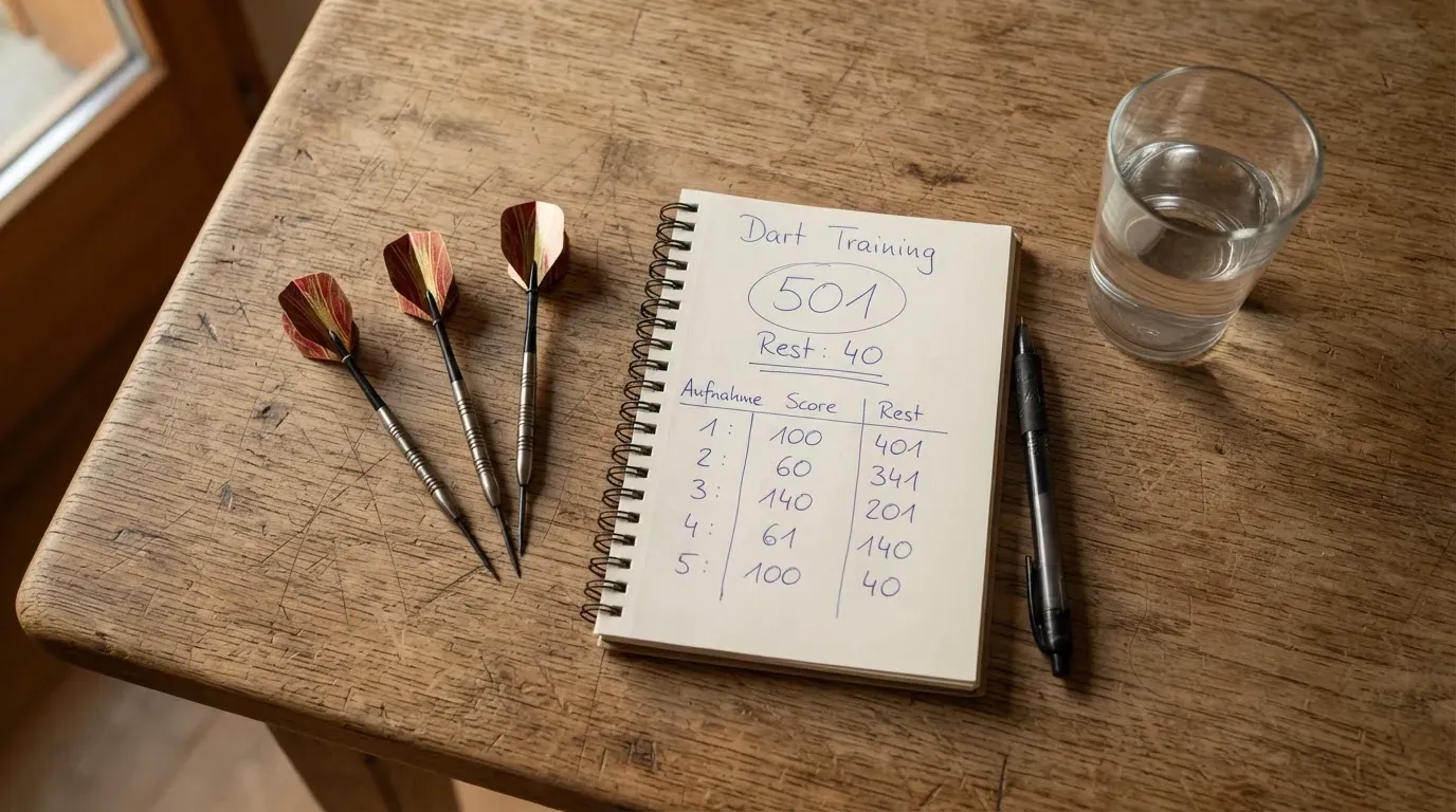 Drei Dartpfeile liegen auf einer Holzfläche neben einem Notizblock mit handschriftlichen Zahlen und einem Glas Wasser