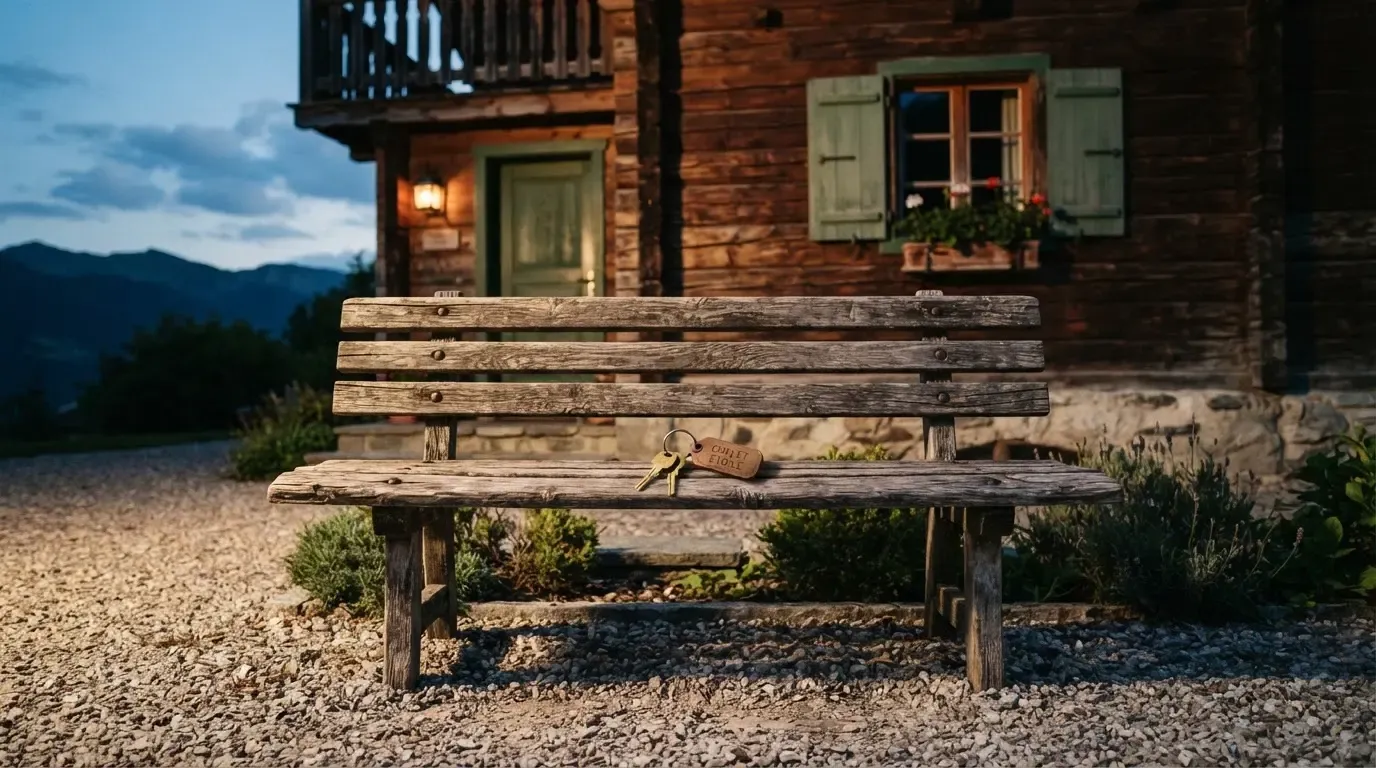 Eine Holzbank steht vor einem Chalet im Abendlicht, ein Schlüsselbund liegt darauf