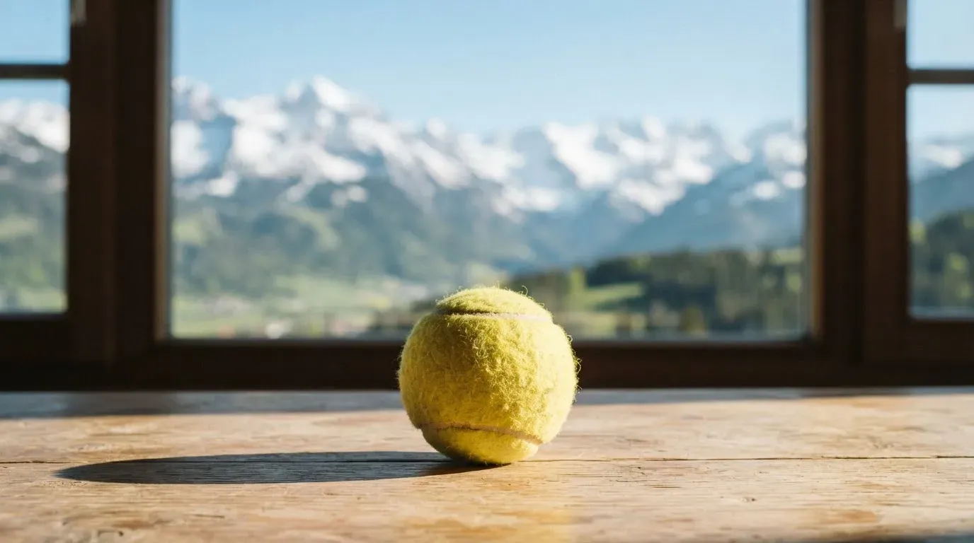 Ein einzelner gelber Tennisball liegt auf einem Holztisch vor einem Fenster mit Alpenblick