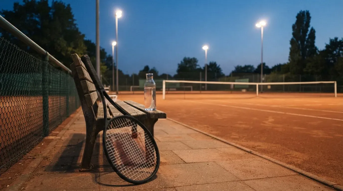 Ein Tennisschläger lehnt an einer Bank neben einer Wasserflasche, am Abend ruht der Platz im Flutlicht, aus der Ferne gesehen