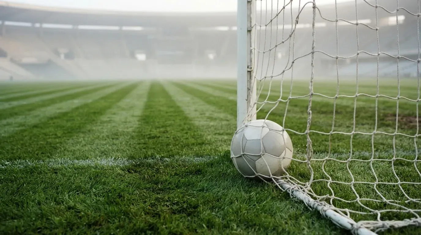 Ein Fussball liegt im Netz hinter einem Tor, weicher Morgennebel hängt über dem Rasen