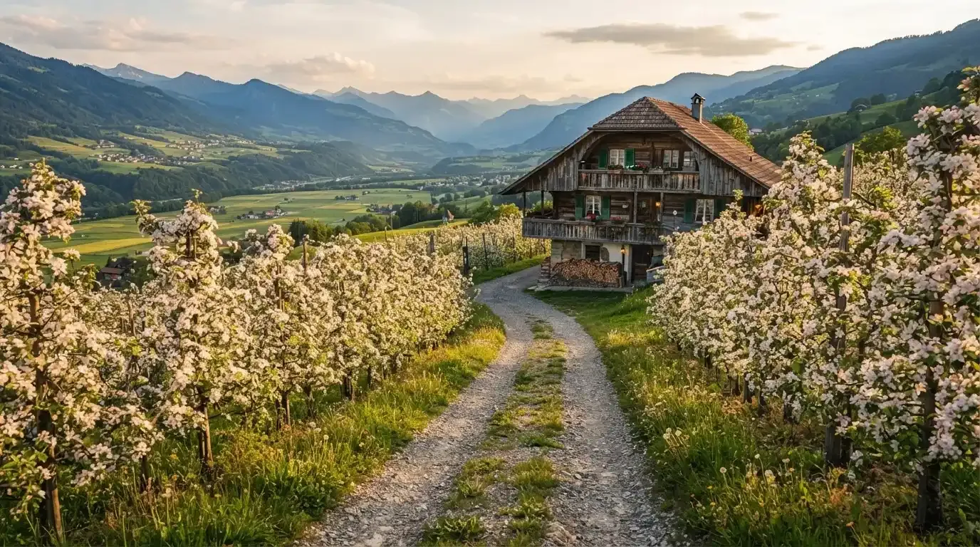 Ein Kiesweg führt durch einen Obstgarten zu einem Bauernhaus mit Holzbalkon, über dem Tal liegt Abendlicht