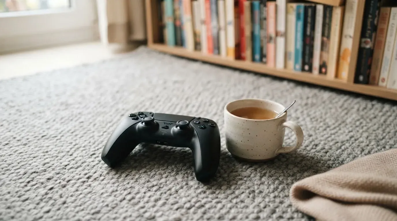 Ein Spielcontroller liegt auf einem Teppich neben einer Tasse, im Hintergrund ein Regal mit Büchern