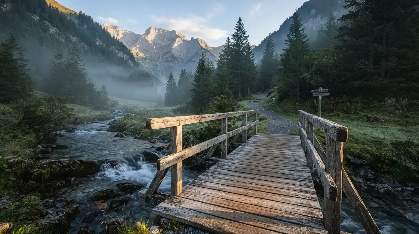 Eine alte Holzbrücke führt über einen Bergbach im Morgenlicht, Tannen säumen das Ufer