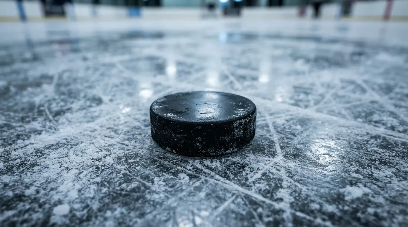 Ein Eishockeypuck liegt auf einer Eisfläche mit Kratzspuren, Nahaufnahme mit kühlen Reflexen
