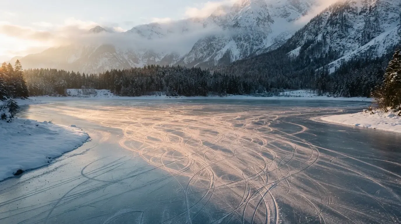 Ein zugefrorener Bergsee mit Spuren von Schlittschuhen am Morgen, dahinter ein verschneiter Wald