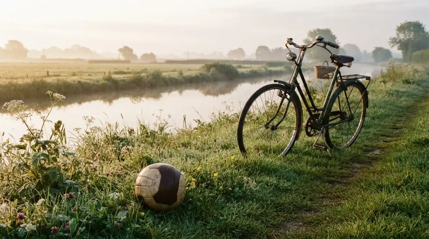 Ein Fussball liegt auf einer Wiese neben einem Fahrrad, im Hintergrund ein Kanal im Morgenlicht
