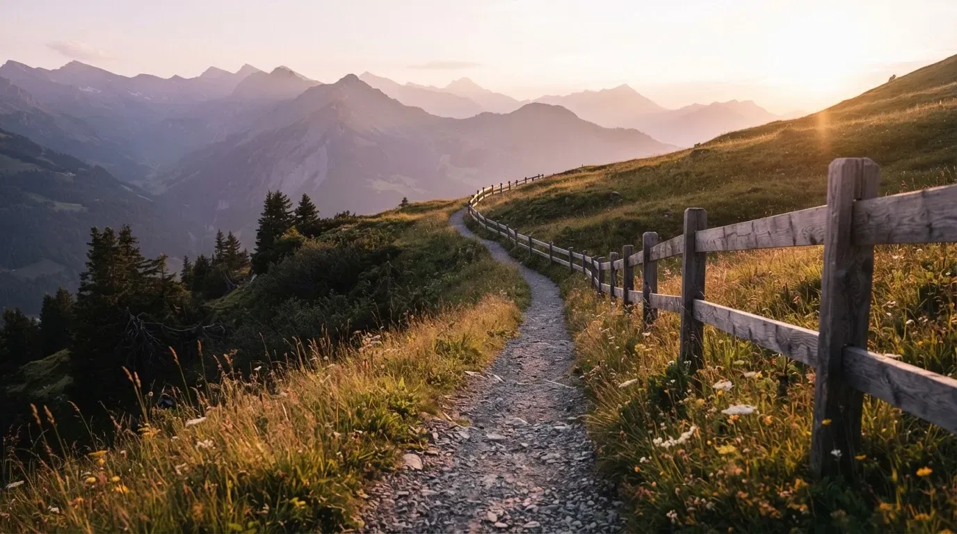 Ein Wanderweg führt durch eine Almwiese im Sonnenuntergang, am Wegrand steht ein Holzzaun
