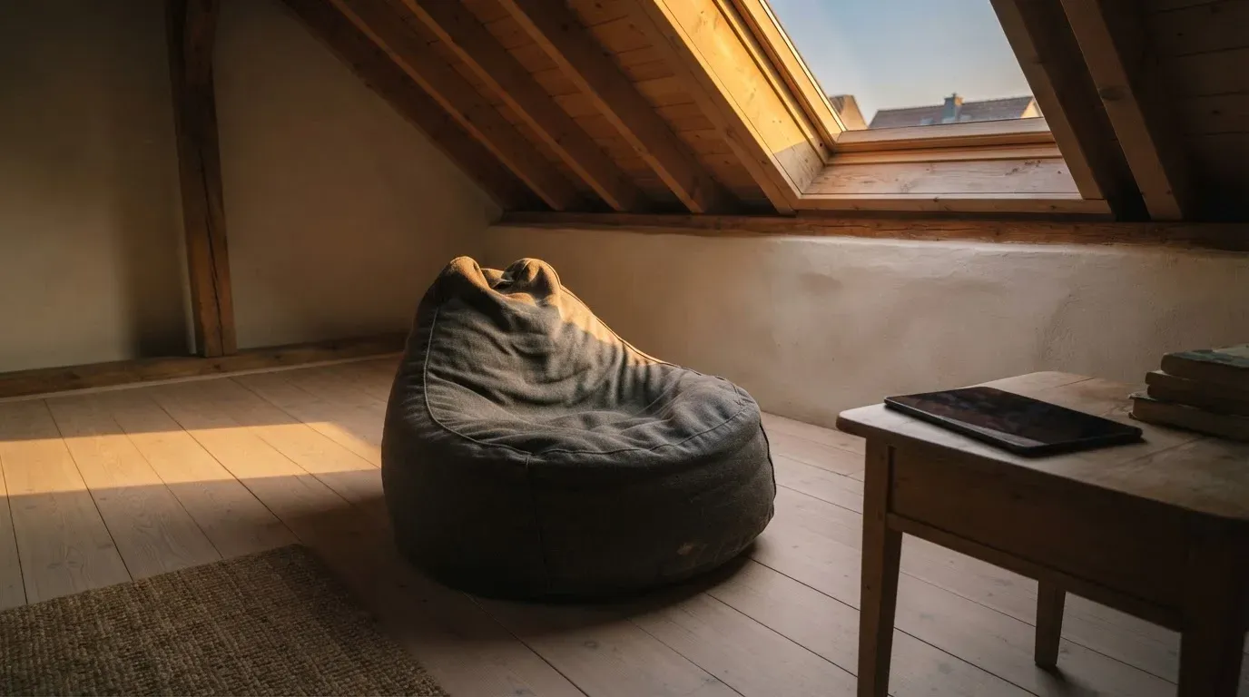 Ein leerer Sitzsack steht in einem Zimmer mit Dachfenster, Abendlicht fällt auf den Holzboden