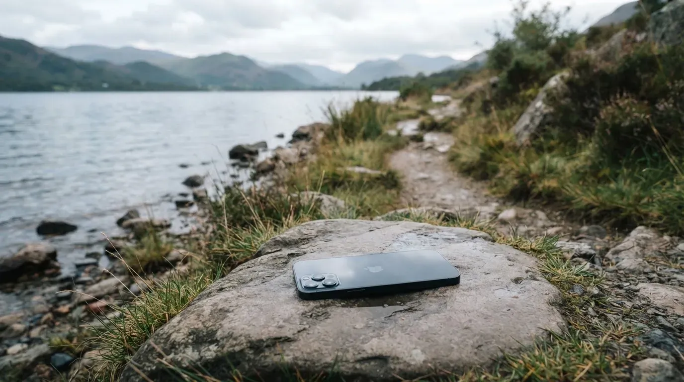 Ein schmaler Wanderweg führt am Seeufer entlang, auf einem Stein liegt ein Smartphone mit dunklem Display