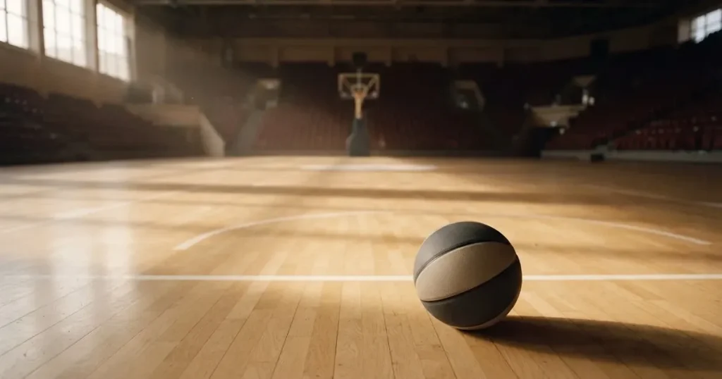 Ein Basketball liegt auf dem hellen Parkett einer leeren Halle, im Hintergrund steigen die Tribünenreihen im Halbdunkel an.