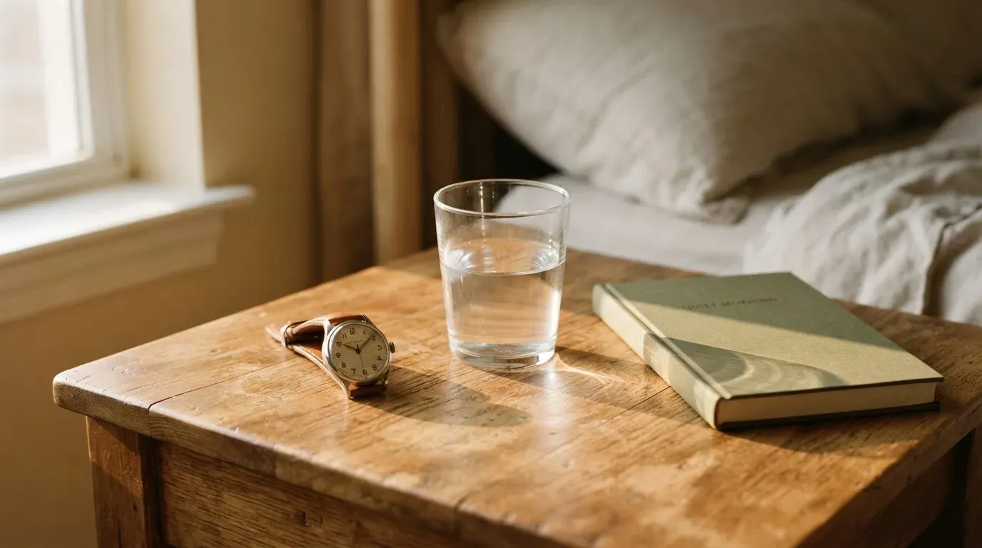 Eine Armbanduhr und ein Wasserglas stehen auf einem Nachttisch im ersten Morgenlicht, daneben ein zugeklapptes Buch.