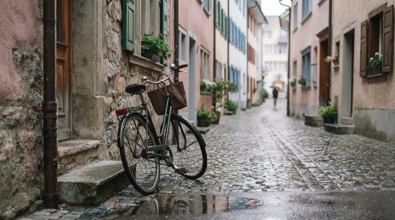 Ein Fahrrad lehnt an einer Mauer in einer Altstadtgasse, das Kopfsteinpflaster glänzt nass nach dem Regen.