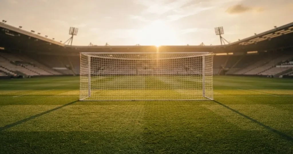 Ein Fussballtor mit weissem Netz steht auf frisch gemähtem Rasen, die hellen und dunklen Streifen im Gras leuchten im Gegenlicht.