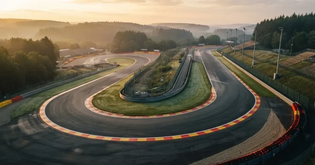 Eine leere Rennstrecke mit Asphaltkurven und rot-weissen Randsteinen, aus der Höhe bei Sonnenaufgang gesehen.