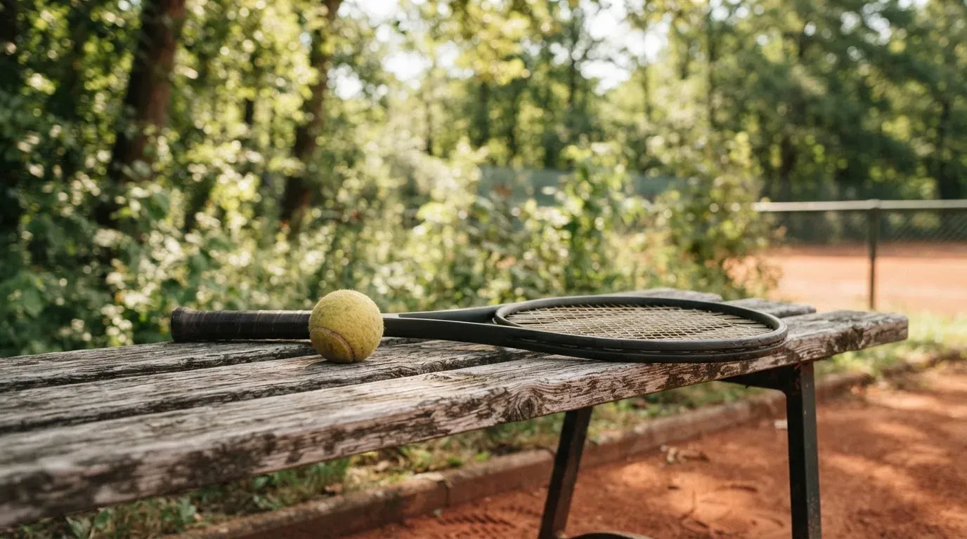 Ein Tennisball und ein Schläger ruhen auf einer Holzbank am Spielfeldrand, im Hintergrund hohe Bäume im Sommerlicht.
