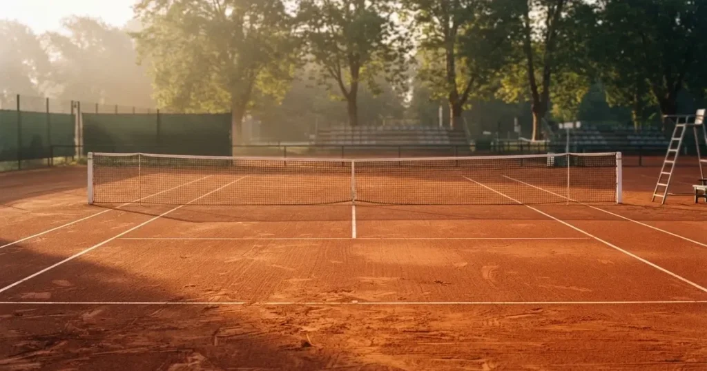 Ein Tennisplatz aus rotem Sand liegt im ersten Licht des Morgens, das Netz hängt still und die Linien sind frisch gezogen.