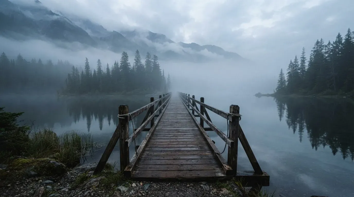 Ein Holzsteg führt über einen ruhigen Bergsee im Nebel, am anderen Ufer stehen dunkle Tannen.