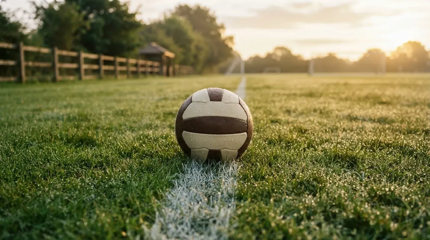 Ein Fussball liegt im Tau auf der Mittellinie eines Dorfplatzes bei Sonnenaufgang, der Rasen glitzert.