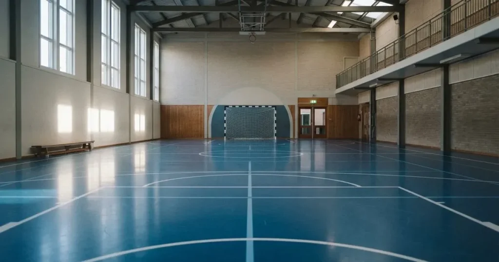 Eine leere Halle mit blauem Hallenboden und kleinen Toren an den Stirnseiten, Licht fällt durch hohe Fenster.