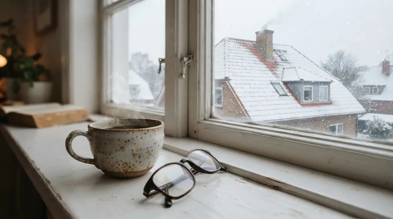 Eine Kaffeetasse und eine Brille stehen auf einem Fensterbrett, draussen fällt Schnee auf ein Dach.