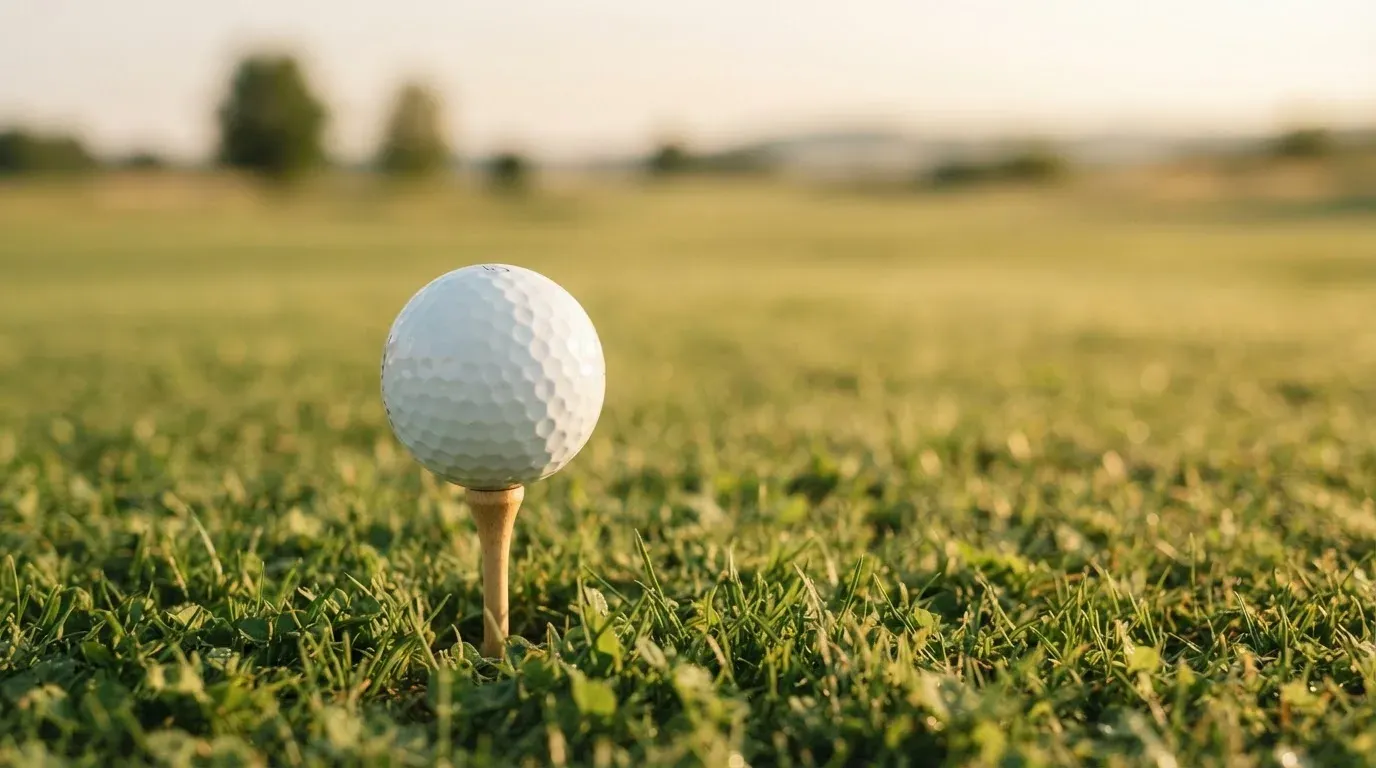 Ein Golfball liegt auf einem Holztee im Gras, scharf im Vordergrund, dahinter verschwimmt eine weite Wiese.