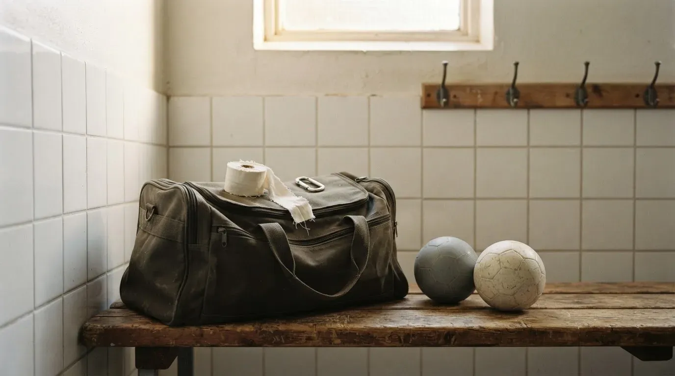 Eine Stofftasche mit Klebeband und zwei Handbällen steht auf einer Bank in einer Umkleide, Licht fällt durch ein kleines Fenster.