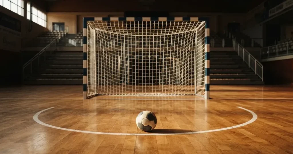 Ein Tor mit dicht gespanntem Netz steht in einer grossen Halle, davor liegt ein Handball auf der Torraumlinie.