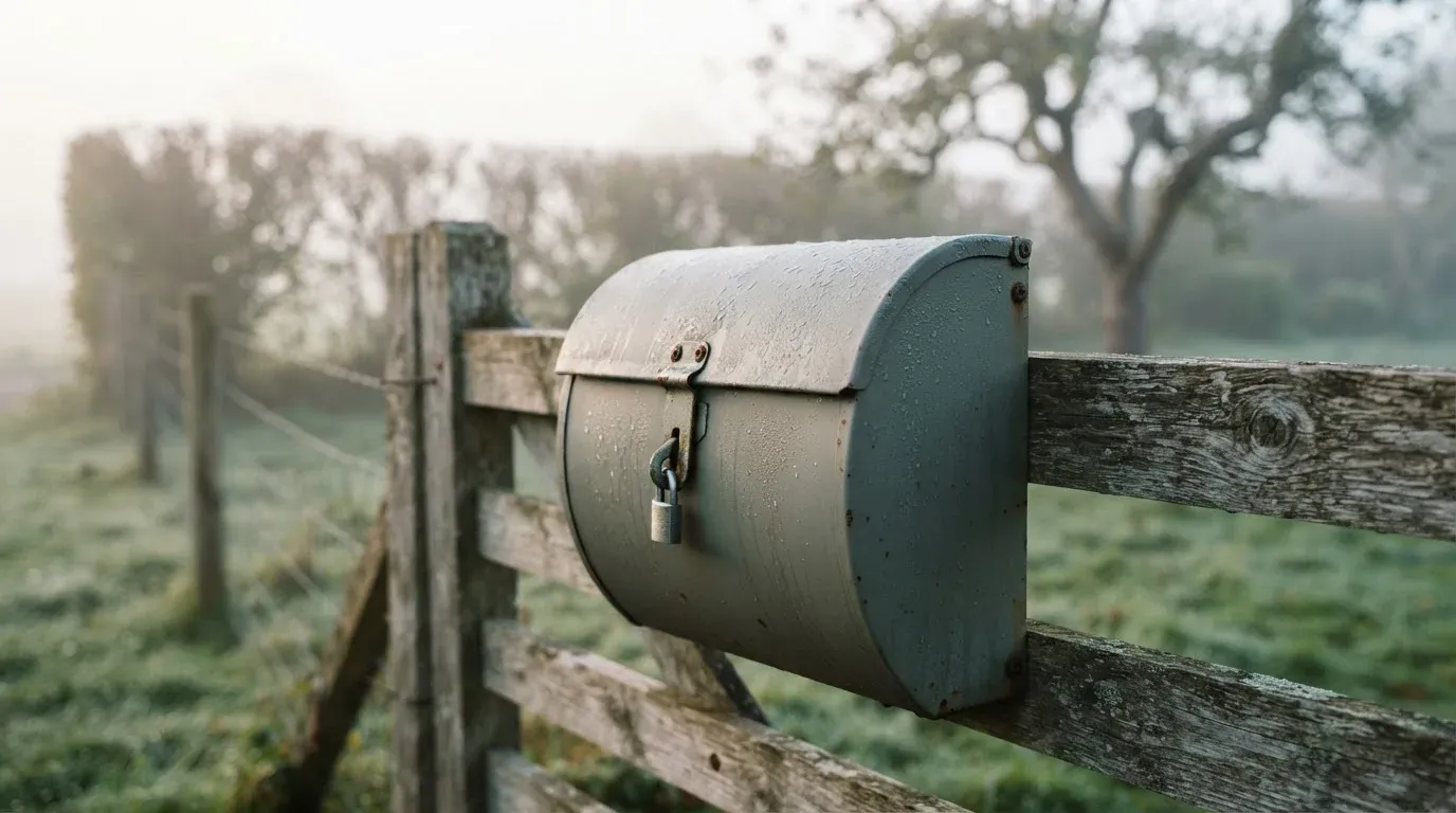 Ein Briefkasten aus Metall hängt an einem Holzzaun, dahinter liegt ein Garten im Morgennebel.