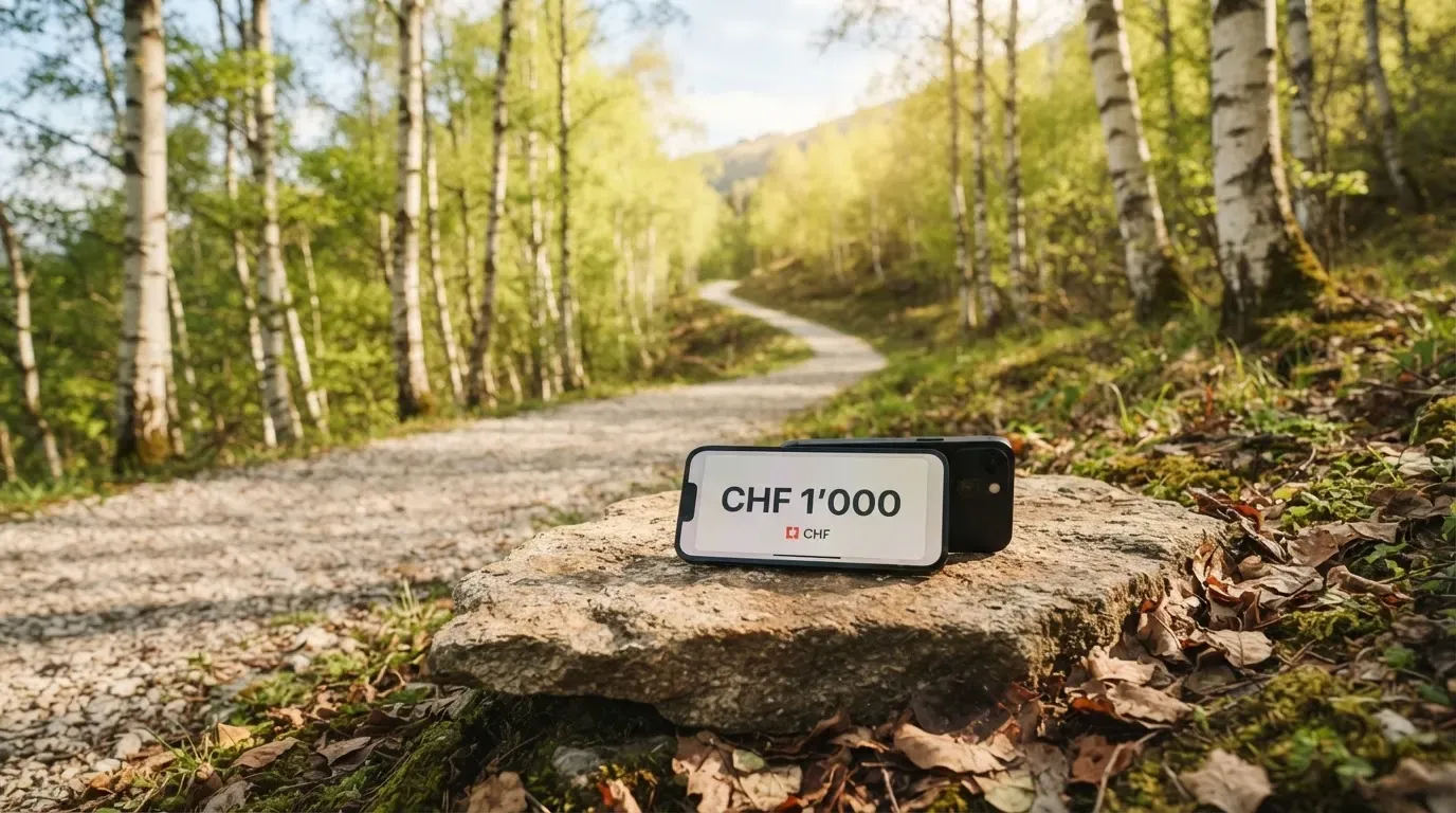 Ein Wanderweg führt zwischen hellen Birken bergauf, Sonnenstrahlen fallen durch das Laub auf den Boden.
