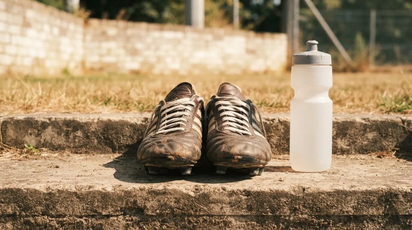 Ein Paar abgetragene Fussballschuhe steht neben einer Wasserflasche auf einer Treppenstufe im Sonnenlicht.