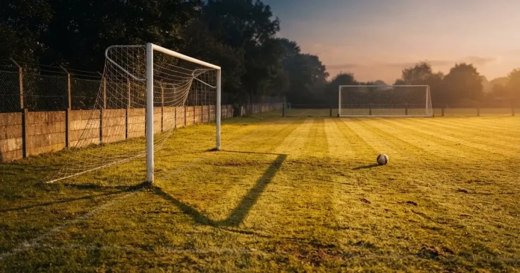 Ein Fussballplatz im Abendlicht mit langen Schatten der Torpfosten, die Rasenfläche leuchtet gelblich.
